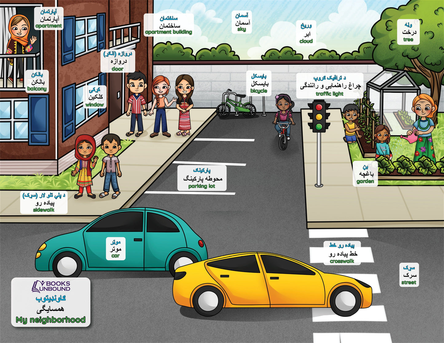 Books Unbound's printable, "My Neighborhood" in Pashto, Dari, and English for Afghan refugees.