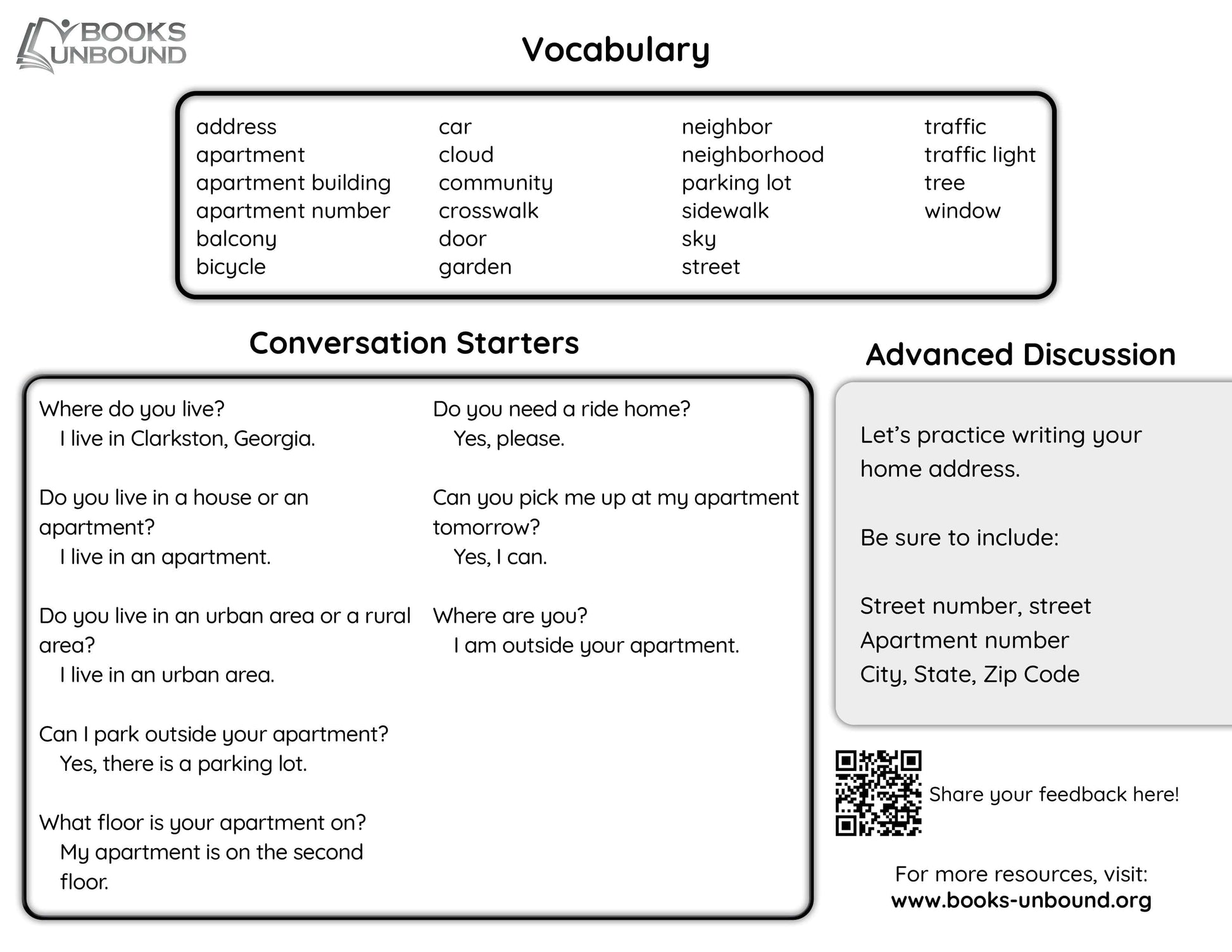 English word bank for Books Unbound's "My Neighborhood" printable.