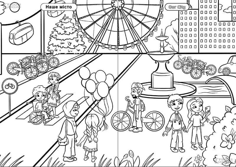 City Scene in Ukrainian Coloring Book