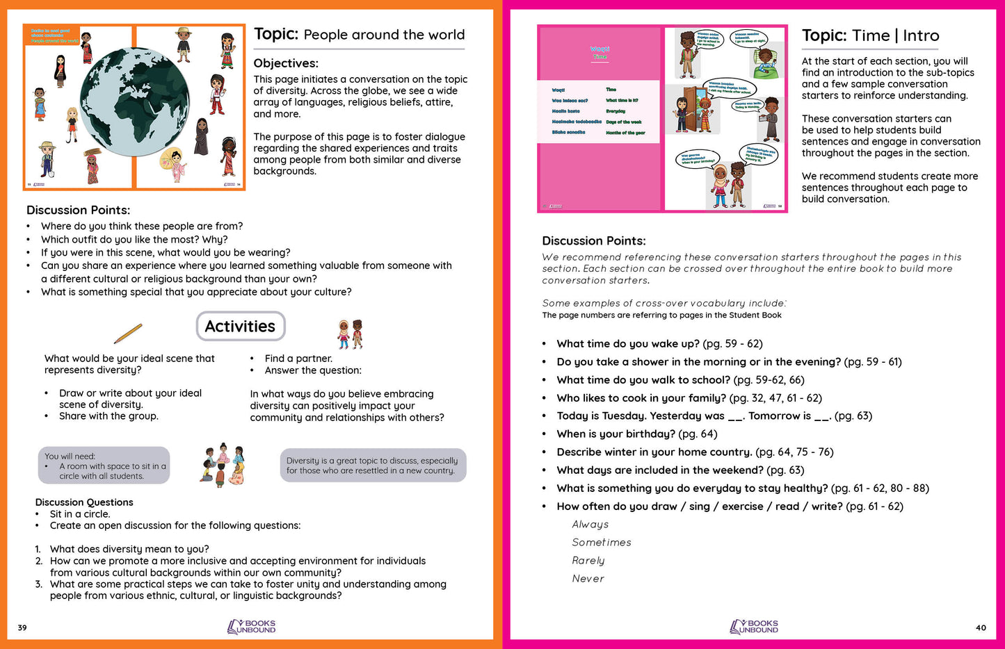 Somali educational resource with text and illustrations on topics like people around the world and time.