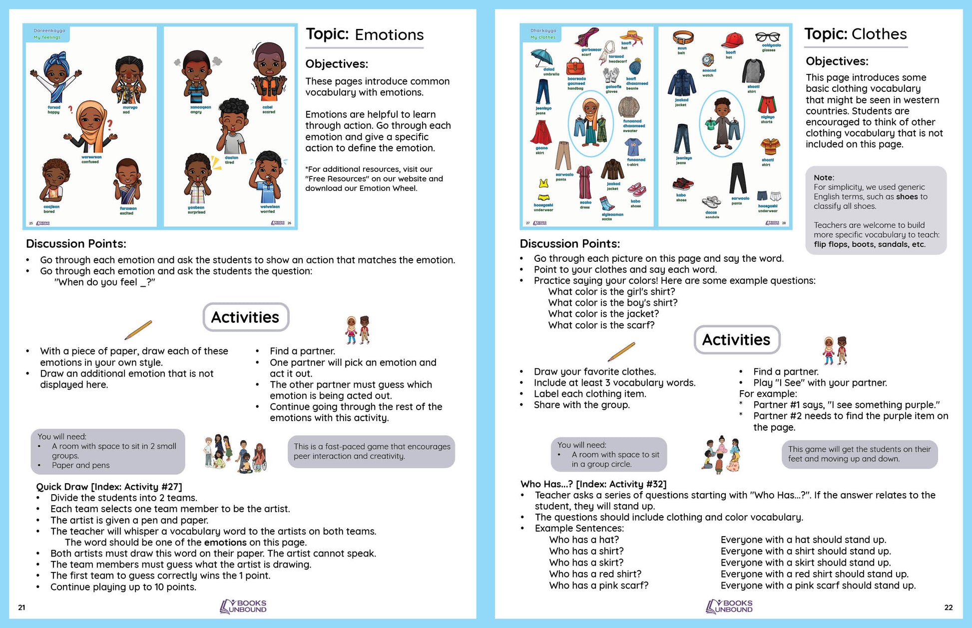 Picture Dictionary page showing emotions and clothes with illustrations and text, culturally sensitive for Somali children.