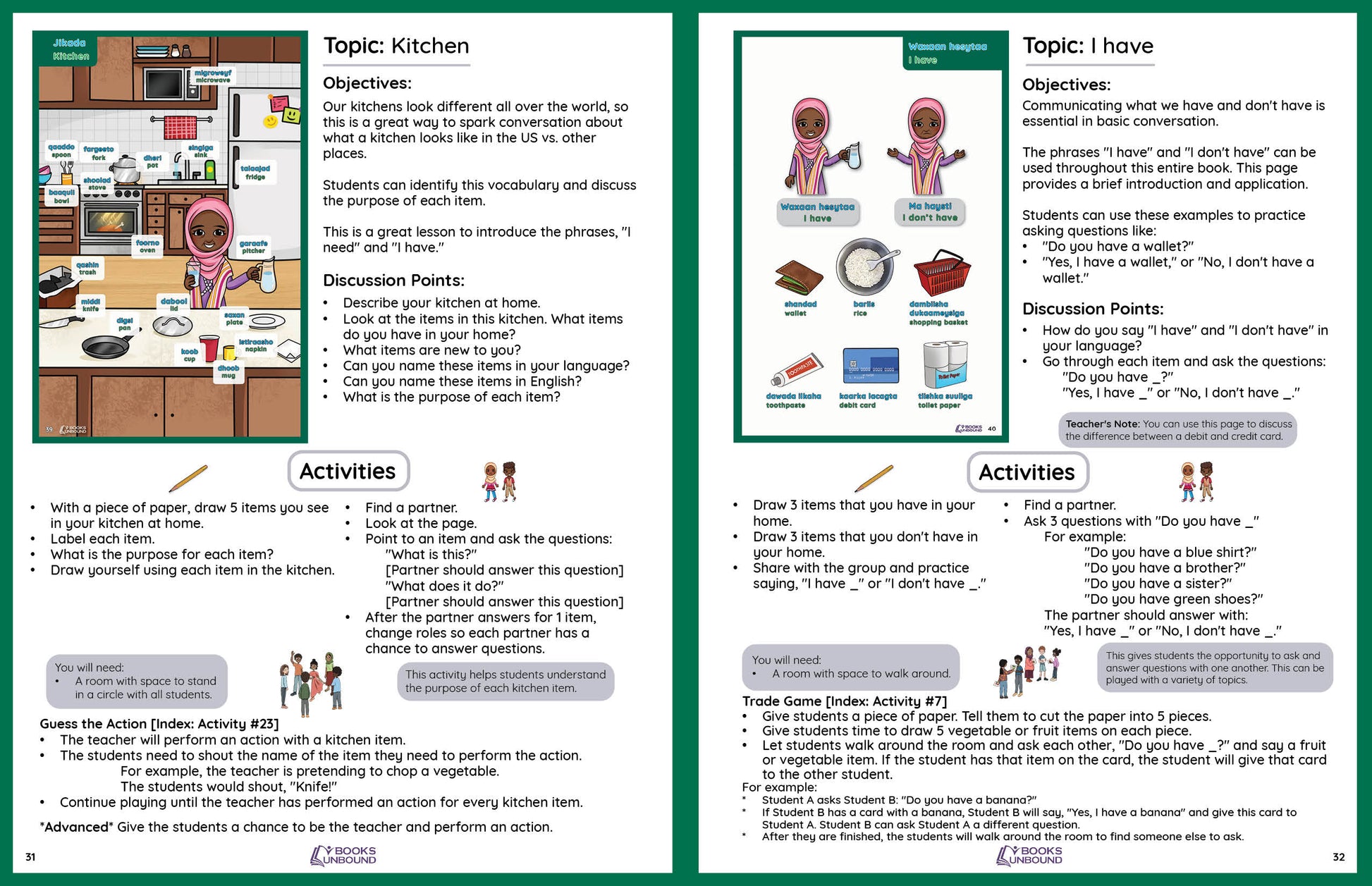 Somali educational material on kitchen topics with illustrations and text.