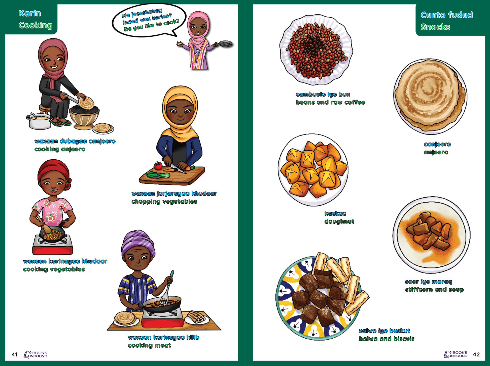 Traditional Somali foods illustrated along with traditional cooking practices.
