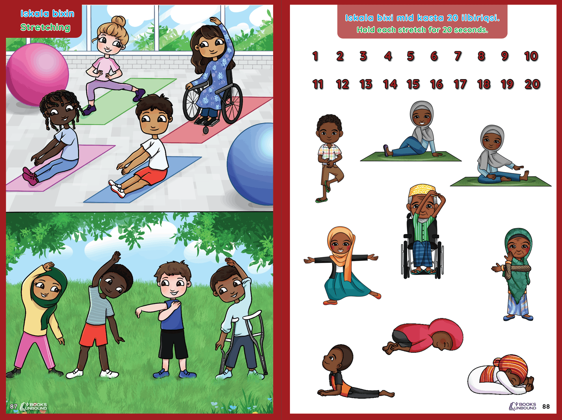 Somali children's exercise page with illustrations of diverse children exercising indoors and outdoors.