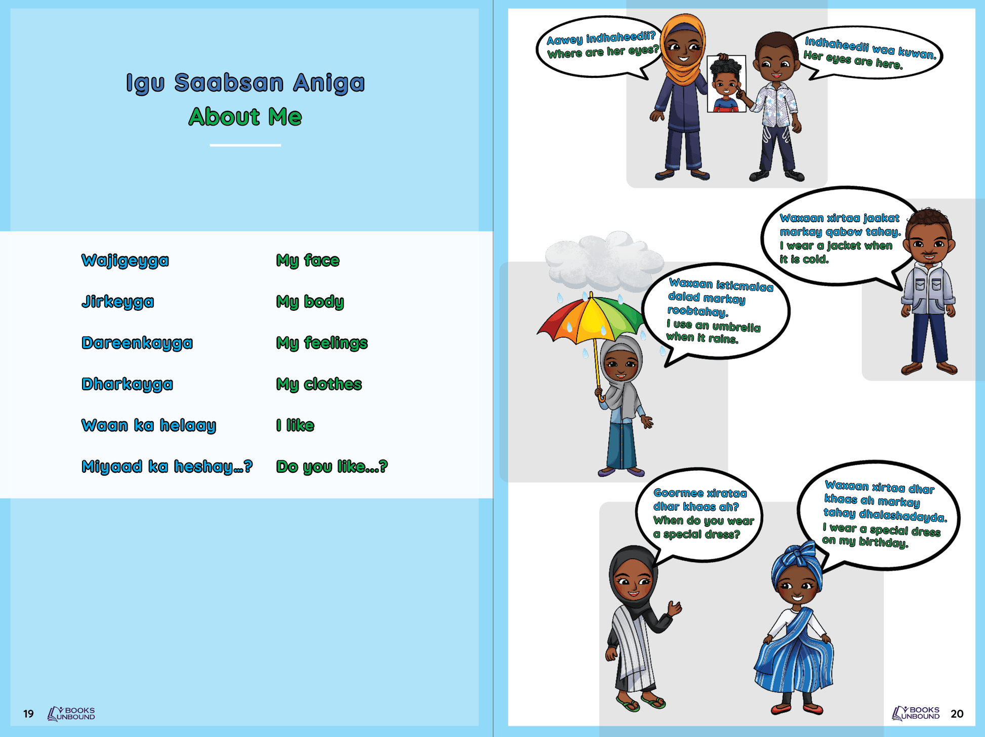 Educational page in Somali Picture Dictionary about self-descriptive words with cartoon characters and text bubbles on a blue background.
