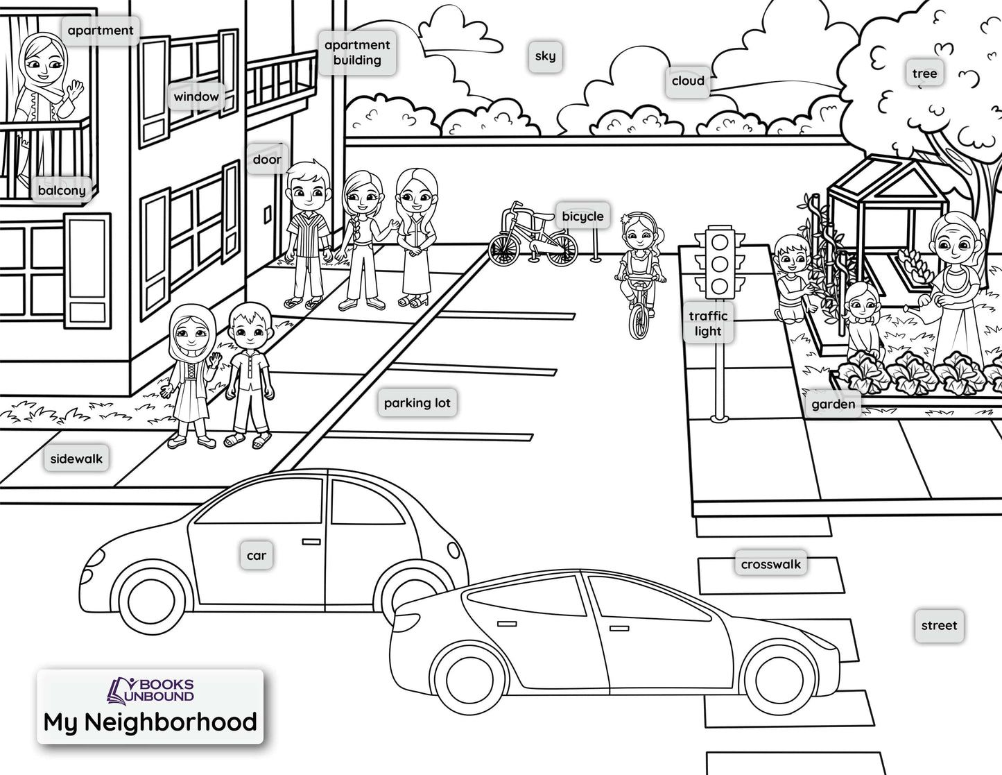 Coloring page version of Books Unbound's "My Neighborhood" scene to build vocabulary and start conversation.
