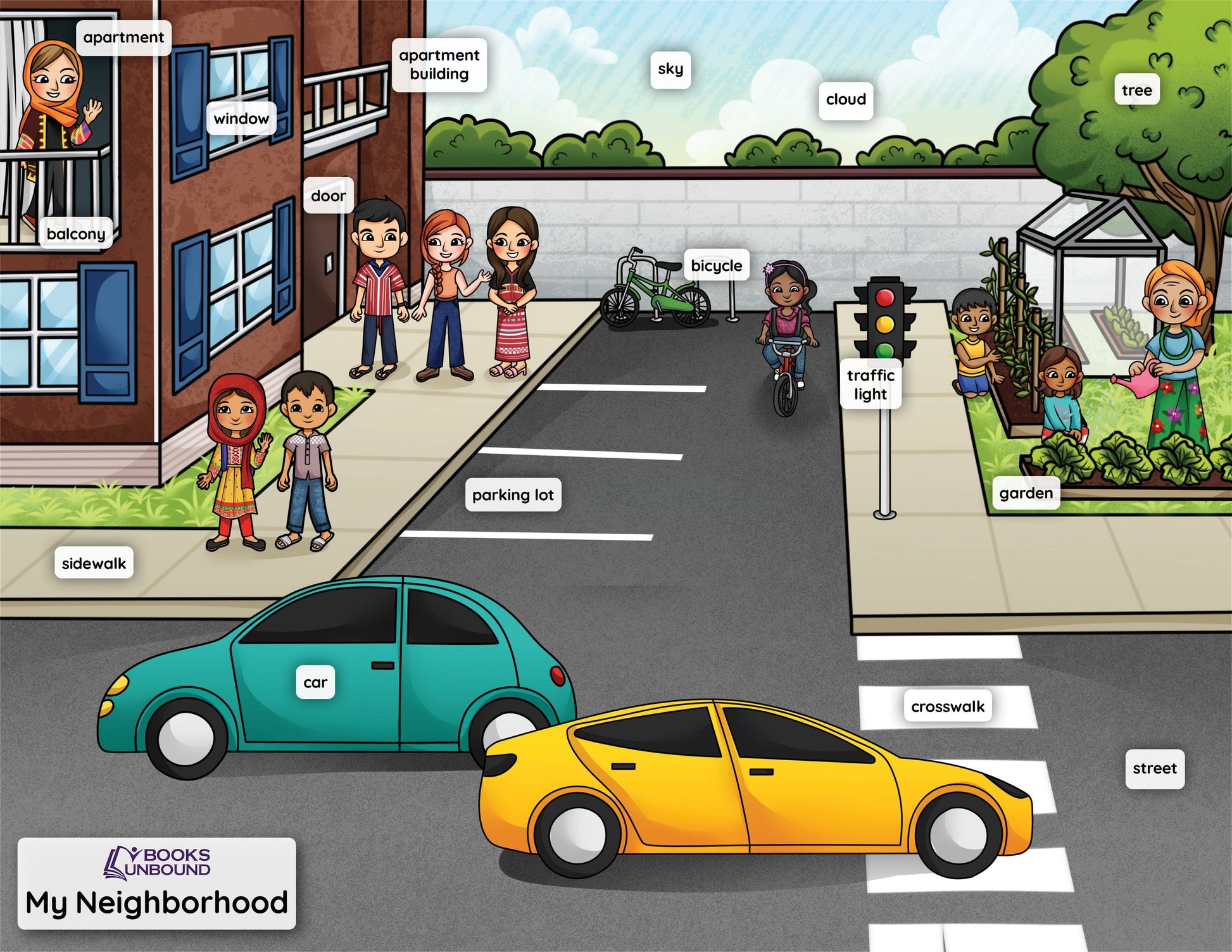 Books Unbound's English version of "My Neighborhood" - perfect for vocabulary building and conversation starters.